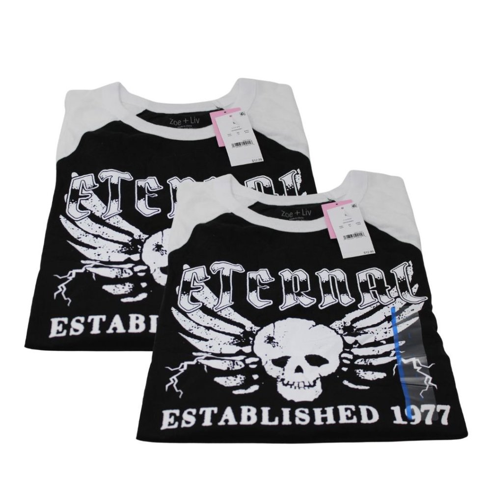 SET OF 2 - Women's crop top Skull Baby Short Sleeve Graphic T-Shirt - Black - Picture 2 of 7